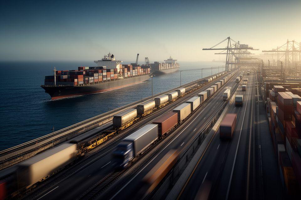 Globalny węzeł transportowy z kontenerami, koleją i portem morskim