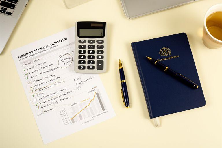 Lista kontrolna finansów osobistych z notesem, kalkulatorem i wykresem oszczędności