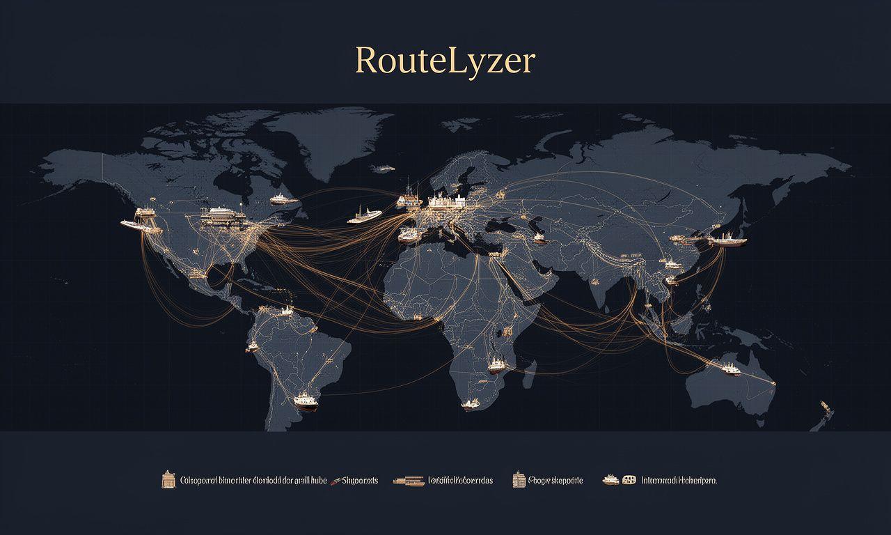 Stylizowana mapa szlaków handlowych i korytarzy logistycznych z zaznaczonymi węzłami transportowymi